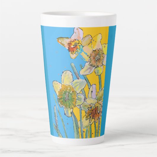 Handgeschilde Blauwgroen Geel Daffodil florale Lat Latte Mok (Voorkant)