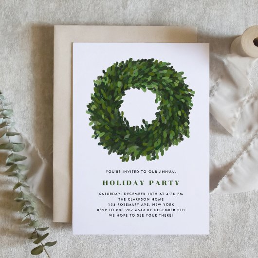 Handgeschilde Boxwood Wreath Holiday Party nodigt  Kaart
