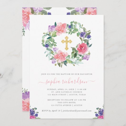 Handgeschilde Floral | Trendy Waterverf Baptisme Kaart (Voorkant / Achterkant)