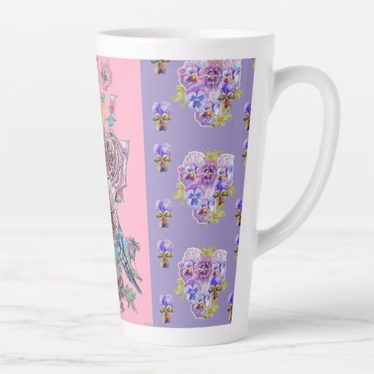 Handgeschilde Paarse blauwe boedgie florale latte  Latte Mok (Rechts)