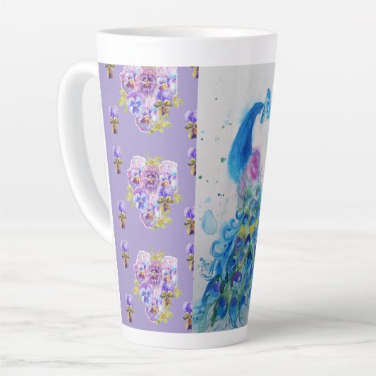 Handgeschilde Paarse blauwe pekock florale latte M Latte Mok (Linkerhoek)