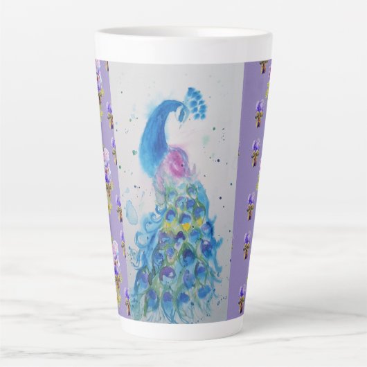 Handgeschilde Paarse blauwe pekock florale latte M Latte Mok (Voorkant)