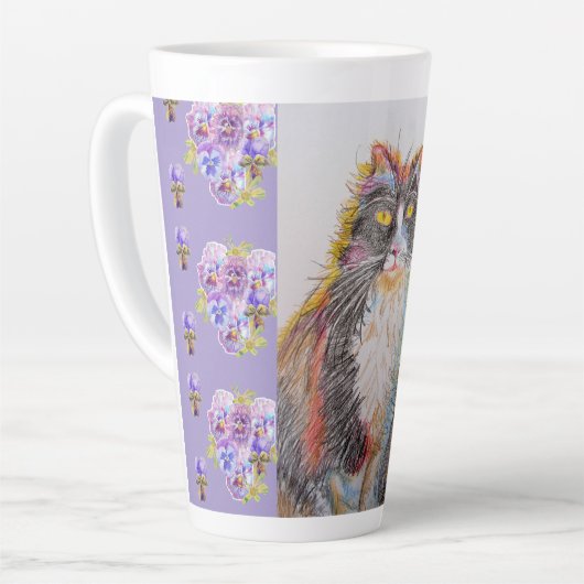 Handgeschilde Paarse Tuxedo Kat florale latte Mok (Linkerhoek)