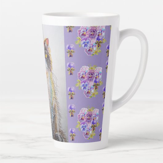 Handgeschilde Paarse Tuxedo Kat florale latte Mok (Rechts)