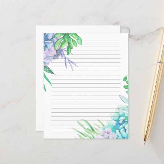 Handgeschilde Waterverf Succulent gelineerd papier (Voorkant / Achterkant in situ)