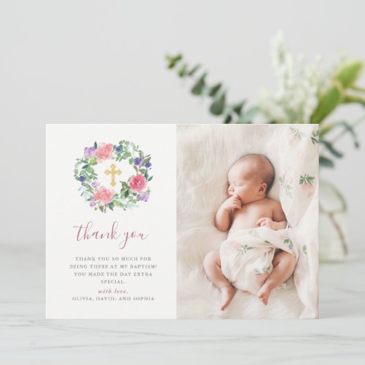 Handgeschilde Waterverf van Floral | Fotobaptisme Bedankkaart (Staand voorkant)