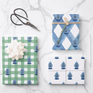 Handgeschilderd blauw en witte gember pot inpakpapier vel