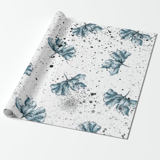 Handgeschilderd blauw Floral ontwerp Cadeaupapier (Uitgerold)