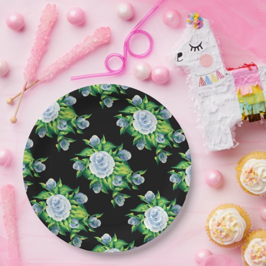 Handgeschilderd blauw Rozen Patroonpapier Borden Papieren Bordje (Feest)