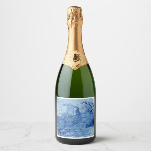 Handgeschilderd blauw Wilde Ginger Jars Toile Sparkling Wijnetiket (Voorkant)