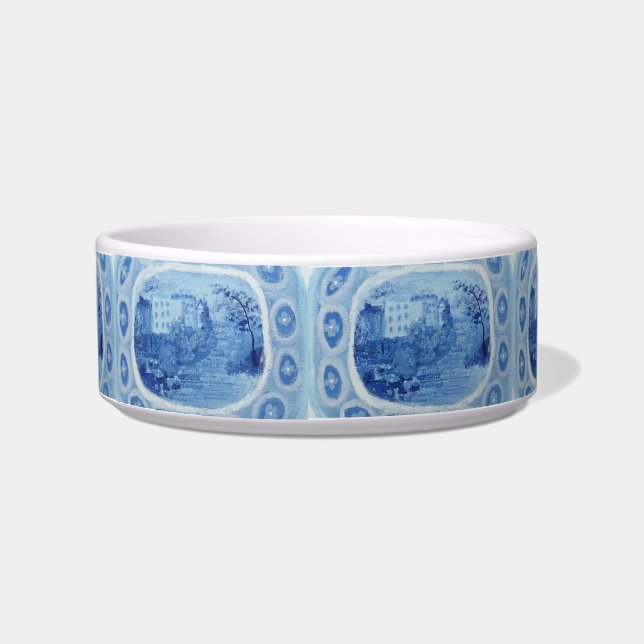 Handgeschilderd blauw Willow Toile Dog Bowl Voerbakje (Voorkant)