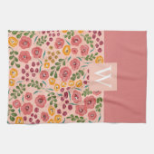 Handgeschilderd Bloemroze Rode Naam Monogram Theedoek (Horizontaal)