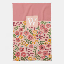 Handgeschilderd Bloemroze Rode Naam Monogram Theedoek