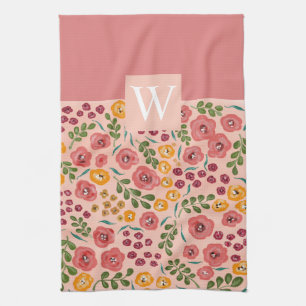 Handgeschilderd Bloemroze Rode Naam Monogram Theedoek