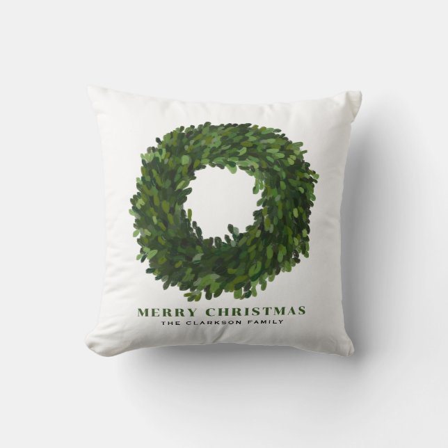 Handgeschilderd Boxwood Wreath Merry Kerstmis Kussen (Voorkant)