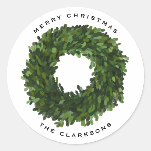 Handgeschilderd Boxwood Wreath Merry Kerstmis Ronde Sticker (Voorkant)