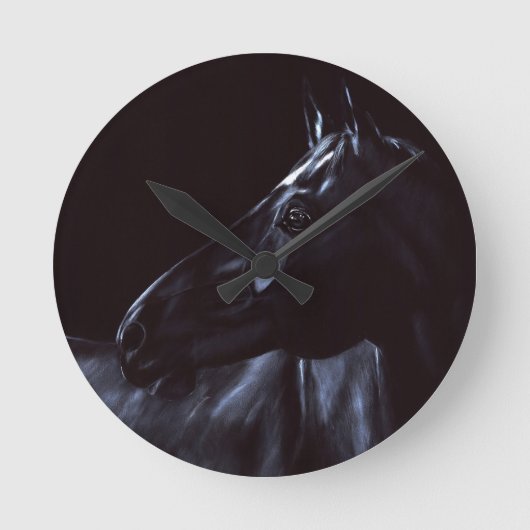 Handgeschilderd elegant zwart paard ronde klok (Voorkant)
