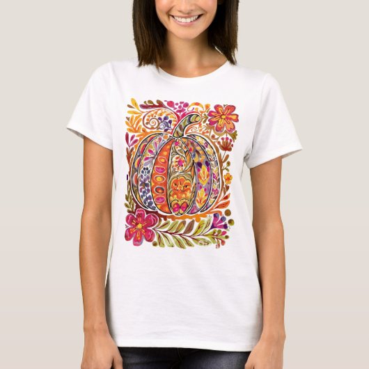 Handgeschilderd Folk Art Pumpkin T-shirt – Rustiek (Voorkant)
