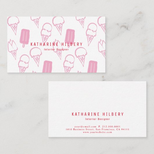 Handgeschilderd Ice Cream Pattern Roze Visitekaart Visitekaartje (Voorkant / Achterkant)