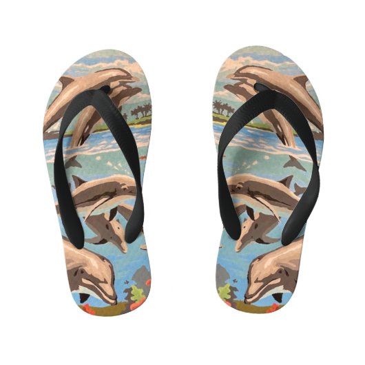 Handgeschilderd op nummer | Speelse dolfijnen | Kinder Teenslippers (Voetbed)