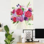 Handgeschilderd rood roos magenta hortensia boeket poster (Thuiskantoor)