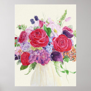 Handgeschilderd rood roos magenta hortensia boeket poster