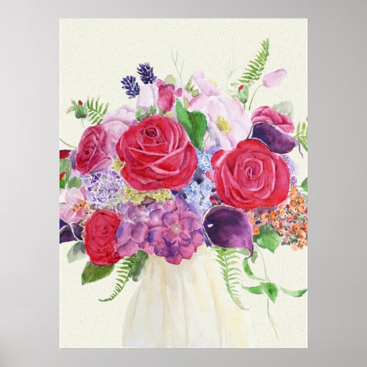 Handgeschilderd rood roos magenta hortensia boeket poster (Voorkant)