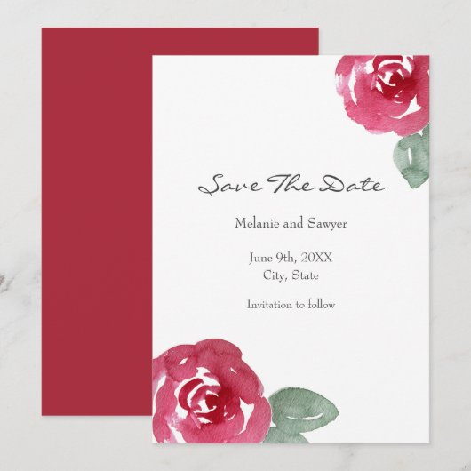 Handgeschilderd rood roze Waterverf Roos Save The Date (Voorkant / Achterkant)