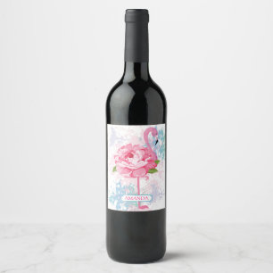 Handgeschilderd roze flamingo wijn etiket