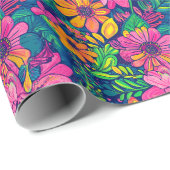 Handgeschilderd tropisch bloemmotief in vet roze cadeaupapier (Rol Hoek)