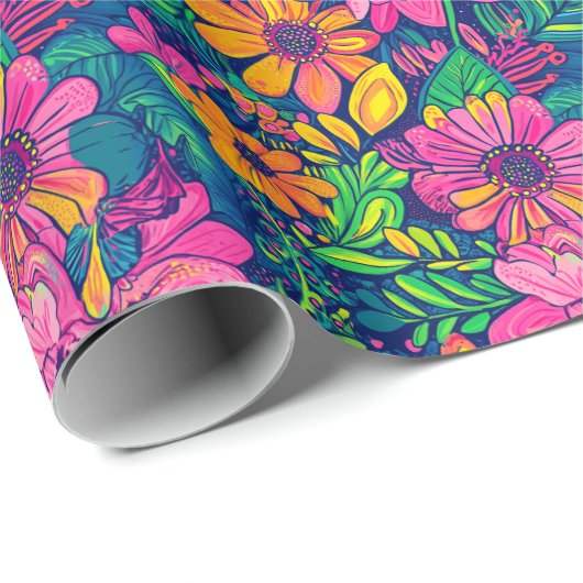 Handgeschilderd tropisch bloemmotief in vet roze cadeaupapier (Rol Hoek)