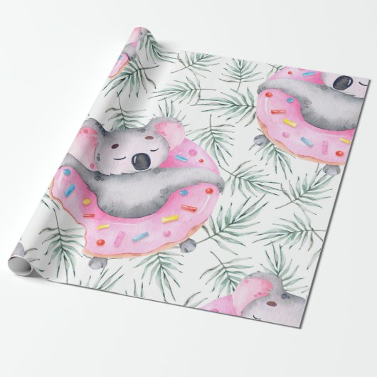 Handgeschilderd waterverf patroon met koala tropic cadeaupapier (Uitgerold)