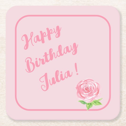 Handgeschilderd Waterverf Roos HAPPY BIRTHDAY Kartonnen Onderzetters (Voorkant)