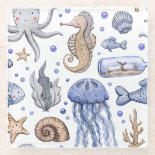 Handgeschilderd Waterverf Zee. Glazen Onderzetter