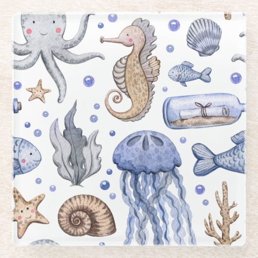 Handgeschilderd Waterverf Zee. Glazen Onderzetter (Voorkant)