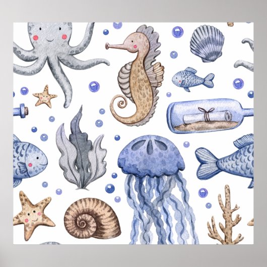 Handgeschilderd Waterverf Zee. Poster (Voorkant)