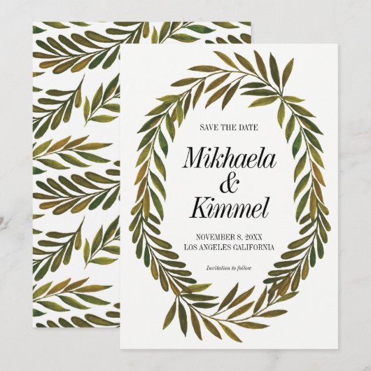 Handgeschilderde bladeren Save the Date Invitation Kaart (Voorkant / Achterkant)