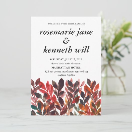 Handgeschilderde bladeren Wedding Invitation Kaart (Staand voorkant)