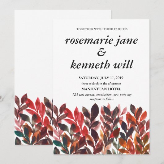 Handgeschilderde bladeren Wedding Invitation Kaart (Voorkant / Achterkant)