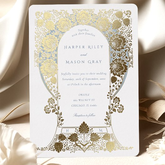 Handgeschilderde blauwe bloemen barokke rand folie uitnodiging