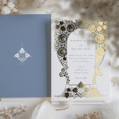 Handgeschilderde blauwe bloemen barokke rand folie uitnodiging