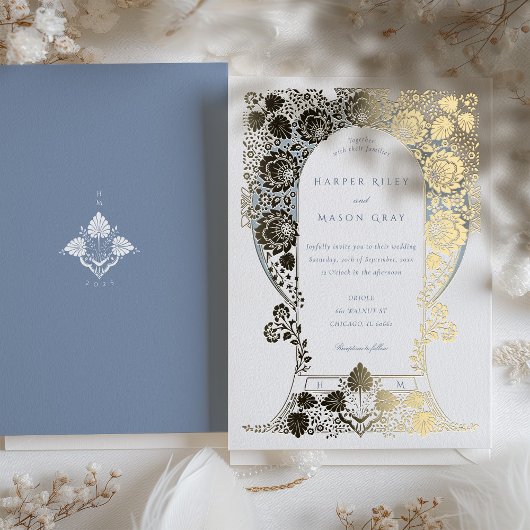 Handgeschilderde blauwe bloemen barokke rand folie uitnodiging