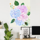 Handgeschilderde blauwe en roze hortensia poster (Thuiskantoor)