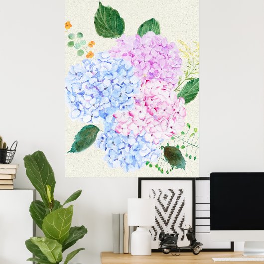 Handgeschilderde blauwe en roze hortensia poster (Thuiskantoor)