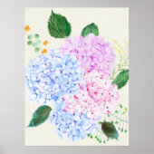 Handgeschilderde blauwe en roze hortensia poster (Voorkant)