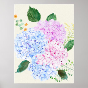 Handgeschilderde blauwe en roze hortensia poster