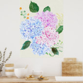 Handgeschilderde blauwe en roze hortensia poster (Keuken)