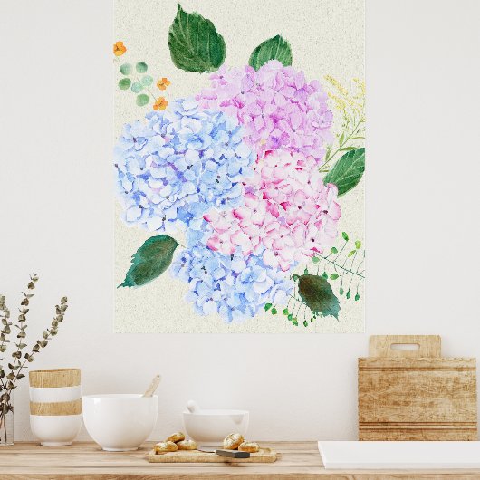 Handgeschilderde blauwe en roze hortensia poster (Keuken)