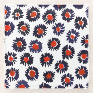 Handgeschilderde bloemen, rood en blauw patroon. glazen onderzetter