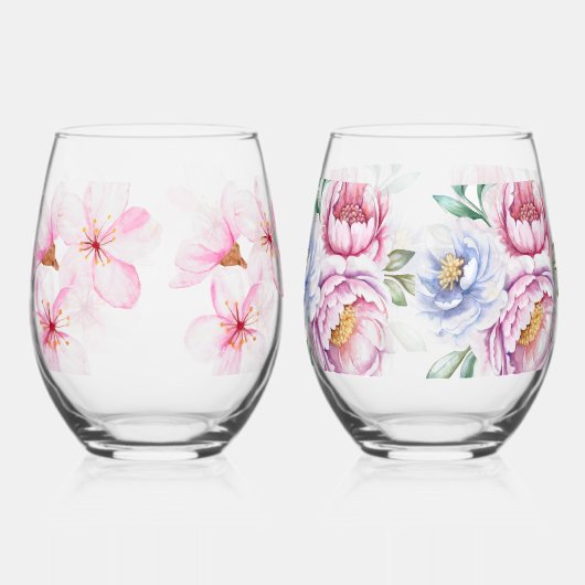 Handgeschilderde bloemenprint wijnglas zonder voet (Voorkant)